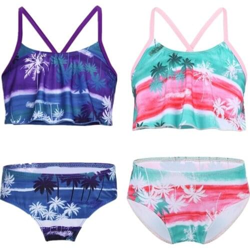 Tankini Girls Swimsuit Two Pieces Kids Bikini Set Girls Tropical Palm Printed Swimwear Bathing Suit For Children Beach Wear