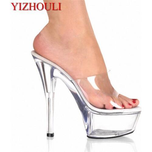 Gorgeous 15cm Ultra High Heels Fashion Slippers Bride Sexy Crystal Shoes 6 Inch Clear High Heel Platform Exotic Dancer Shoes