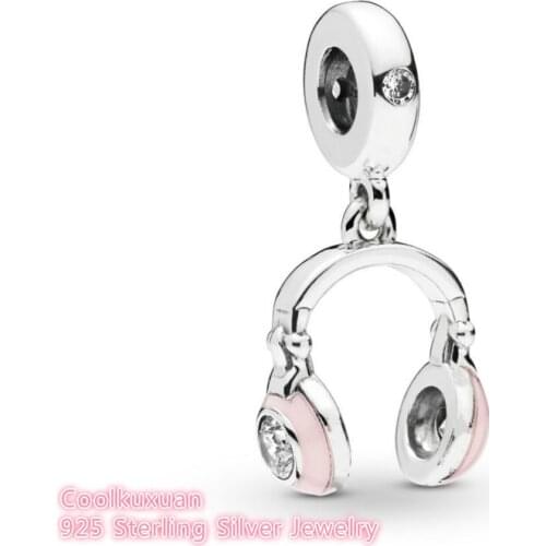 Spring 100% 925 Sterling Silver Pink Headphones Dangle Charm enamel beads Fits Original Pandora bracelets Jewelry Making
