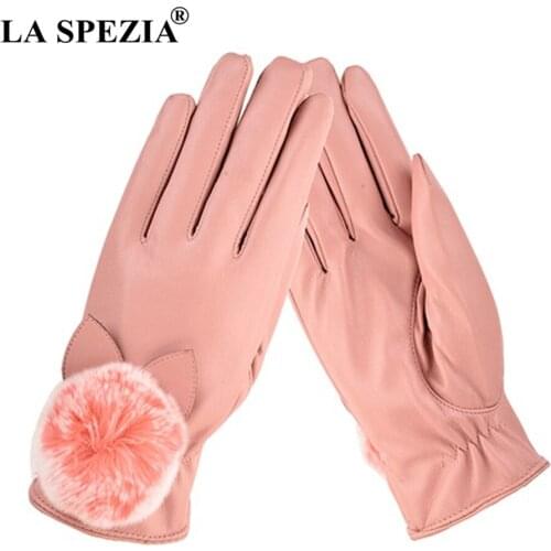 LA SPEZIA Leather Gloves Women Winter Rabbit Fur Pom Pom Gloves Pink PU Fleece Ladies Elegant Windproof Touchscreen Mittens
