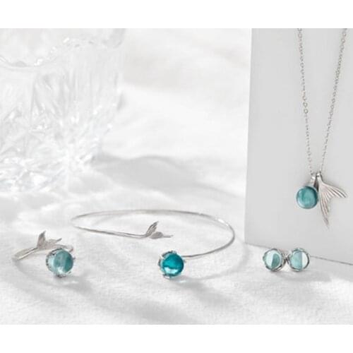 Blue Sea Crystal Mermaids Stud Earrings Women Beauty Fishtails Bracelet Rings Mermaids Pendant Necklace Fashion Jewelry