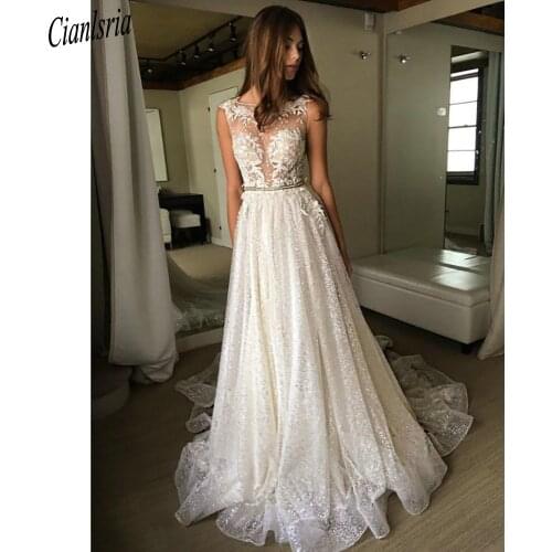 Newest Sparkly Crystal Illusion Bohemian A-Line Wedding Dress Cap Sleeve Appliques Lace Sashes Bridal Gown Vestido De Novia