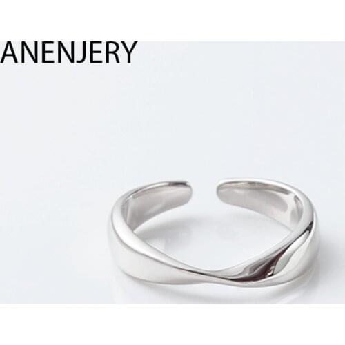 ANENJERY 925 Sterling Silver Fashion Simple Irregular Twisted Smooth Opening Ring Geometric Wave Finger Ring For Women S-R581