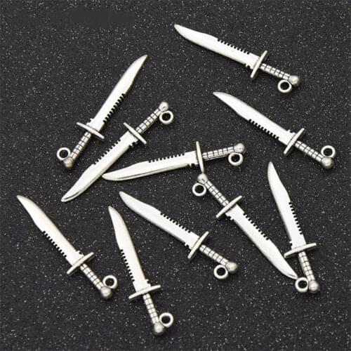 10pcs 43x10mm Hot Sale Zinc Alloy Metal Knife Sword Charm Fit Bracelet Necklace Pendant Jewelry Tibetan Silver Color Accessories