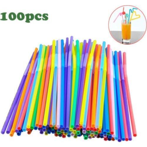 100pcs Stripes Straws Extra Long Flexible Drinking Bendy Home Party Bar Supplies