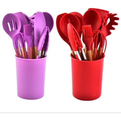 12 Pcs Kitchen Ware Set Wooden Handle Silicone Cooking Utensils Set Purple Cookware sets Home Silica Gel Kitchen Cooking Tools