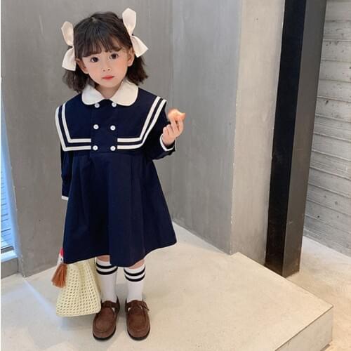 2021 Spring New Arrival Girls Long Sleeve Navy Dress Kids Cotton Dresses Girls Dresses