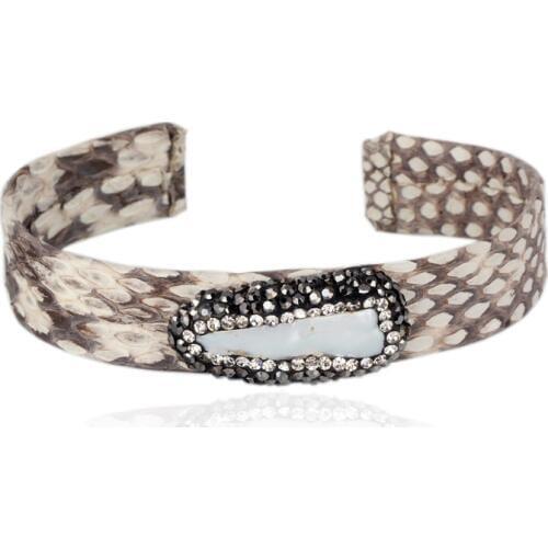 Natural Snake Leather bangle bracelet Pave Strass Cobra Bracelet Women Men Charm rhinestone leather cuff Adjust bracelet