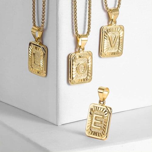 Mens Womens Pendant Necklace Initial Letter Charm Gold Color Square Stainless Steel 2mm Round Box Link Chain Jewelry Gifts LGP36