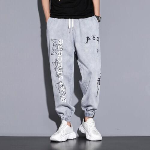 Mens Jeans Brand Letter Printed Ankle Banded Mens Cargo Pants Straight Loose Casual Streetwear Trousers Hip Hop Ripped Jeans