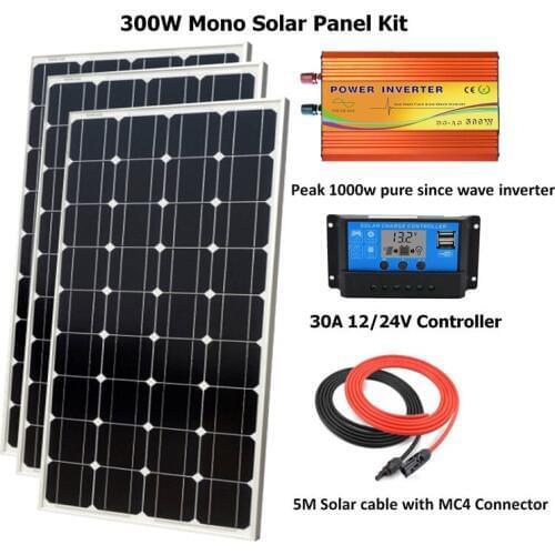 300W Mono Solar Panel Kit with peak 1000w pure since wave inverter:300W Mono Solar Panel, PWM 30A LCD Controller Off Grid System