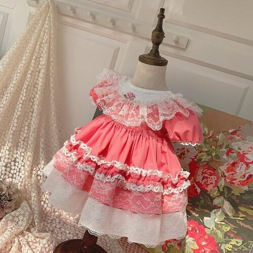 2PCS Summer Vintag Lolita Spanish Princess Pink Short Sleeve Dress For Bady Girl Birthday Party for Cute Child Turkey Dress 0-6Y