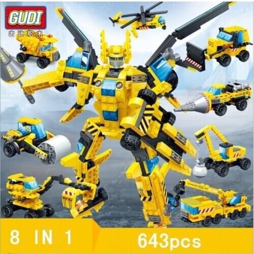 GUDI Building Block 8 In 1 Vehicle Transformation Deformed Car Trailer Tank Robot Movie Bricks Mini Set Toys Gift For Children