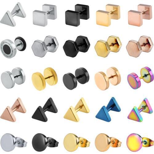 ZS Punk Round Stainless Steel Barbell Stud Earrings For Men Women Jewelry Unisex Rock Roll Gothic Earrings Gold Silver Color