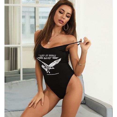 Fashion Women Swimwear Summer Bodysuit Letters Eagle Print Spaghetti Straps High Waist Slim Playsuit Crotch Button Swimsuit