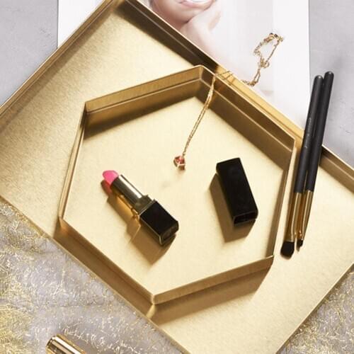 Nordic Geometric Gold Tray Metal Storage Tray Food Fruit Jewelry Dish Plate Desktop Makeup Organizer Home Party Decoration Trays