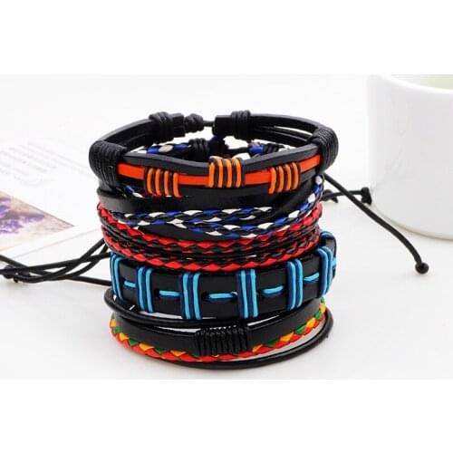 Fashion Red Blue Woven Man Leather Bracelets Multilayer Handmade Rope Woven Bracelets Bangles Women Lovers Jewelry Gift