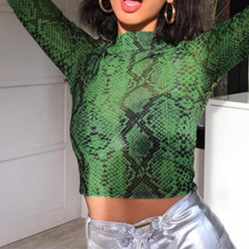 Fashion Snake Print See Through Womens Top 2021 Sexy Slim High Neck Long Sleeve Female Tshirt Summer Mesh Cool Ladies Tees