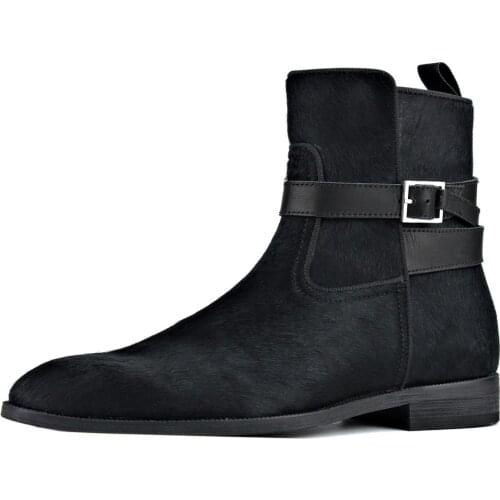 Men Chelsea Ankle Boots Genuine Horse Leather Horse Hair Leopard shoes Chelsea Boots with belt designer classic footwear JY026