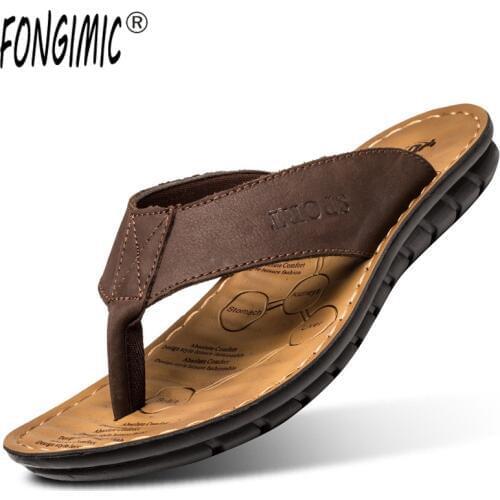 Fongimic PU Men Flip Flops Slippers Leather Summer 2019 Mens Casual Sandals Bottom Tide Flip Flops Slippers Beach Mens Shoes