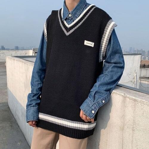 2021 Sweater Vest Men V-neck Patchwork Knitted Pullovers Couples Oversize Harajuku Vest Korean Style Student Autumn Winter Vests