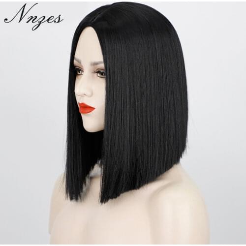 NNZES 14inches Straight Bob Wig Short Black Wigs Synthetic Wig for Black Women Heat Resistant Middle Part Natural Hairs