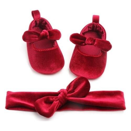 Baby First Walkers Newborn Baby Girl Soft Gold Velvet Shoes with Hairband Infant Bowknot 0-18M