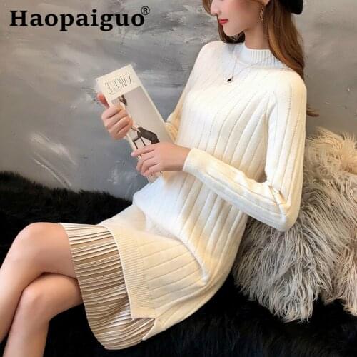6 Color Solid Lace Patchwork Knitted Sweater Dress Women Long Sleeve Bodycon Dress Women Autumn Winter 2019 Elegant Dress Ladies