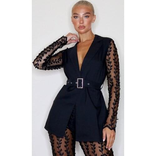 2021 New Fashion Temperament Slim Through Mesh Lace Small Floral Long Sleeve Jacket Bell Bottoms With Belt Buckle Pantsuit Set