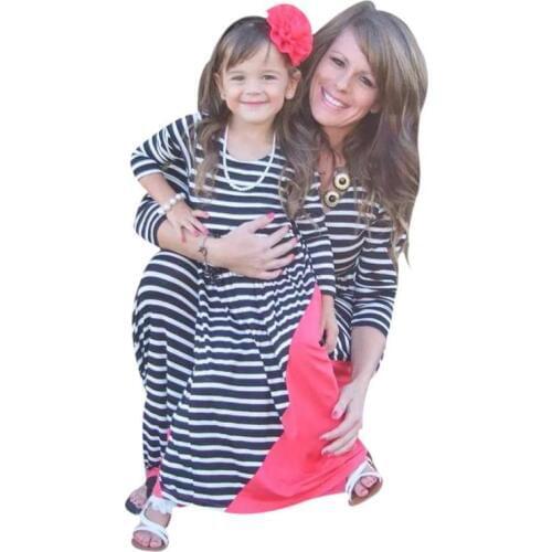 Family Matching Clothes Mother Daughter Striped Outfits Parent-child Dress Spring and Autumn Black Stripe Parent-Child Dress