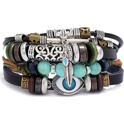 Vintage Ethnic Evil Eye Feather Beads Bracelet Multi-layer Leather Retro Charm Wrap Bangle Wristbands Fashion Men Women Jewelry
