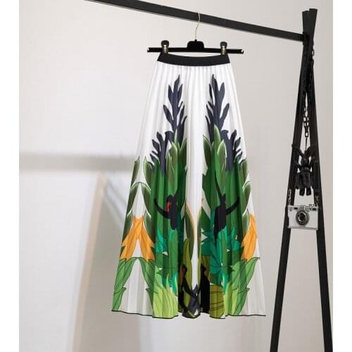 Pleated Skirt Women Print Elastic Women Skirt Big Swing Party Holiday high waist skirt Pleated skirt streetwear Mid-Calf