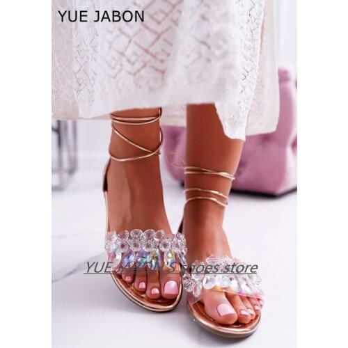 2021 Gold Pink Summer Luxury Women Bling Gladiator Sandals Rome shoes Slippers Flats Lace Up crystal Sandals Women Zapatos Mujer