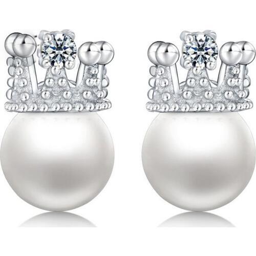 Exquisite Pearl Wedding Jewelry 925 Sterling Silver Cubic Zirconia Crown Stud Earrings Women Brincos Piercing Accessories