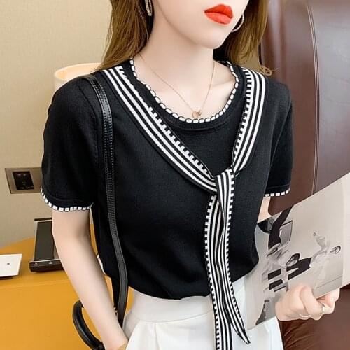 Womens Tops Knitted T-shirt Casual Short Sleeve T-shirt Summer Ladies Bowknot Solid Color Top Woman Tshirts