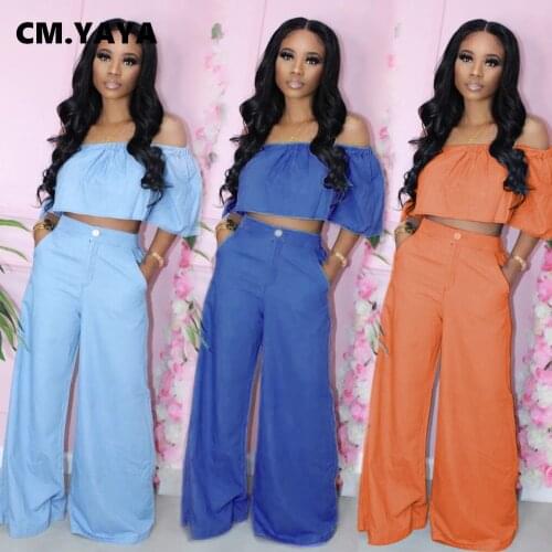 CM.YAYA Solid Loose 2 Piece Set Women Slash Neck Crop Top Zipper Fly Floor-length Wide Leg Pants Female Summer Two Piece Outfits