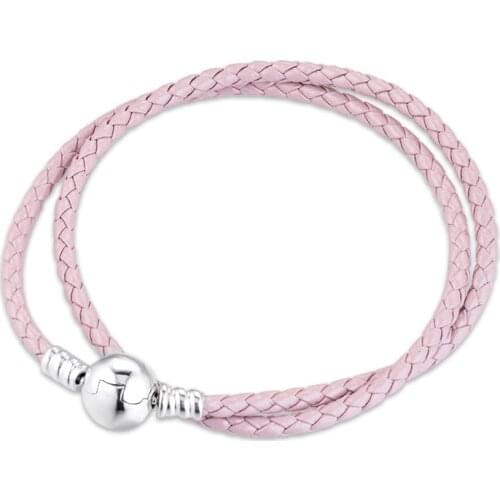 Pink Double Braided Leather Bracelet 925 Sterling Silver Bracelets for Women Fashon Jewelry DIY Making Pulseras