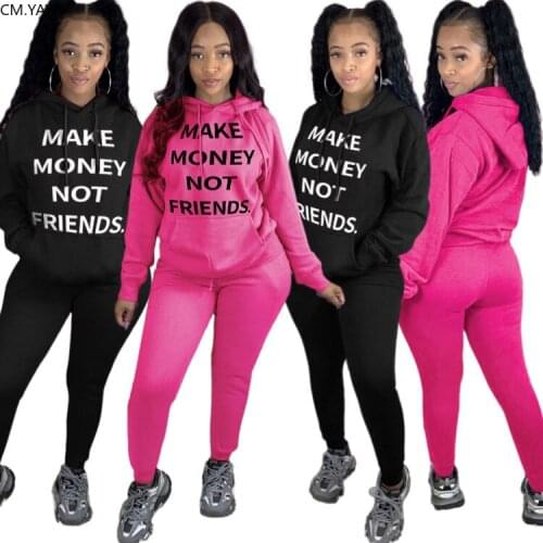 CM.YAYA Sports Womens Set Two Piece Set Make Money Not Friends Hoodies Jogger Pants Suit Tracksuit Matching Set Casual Outfit