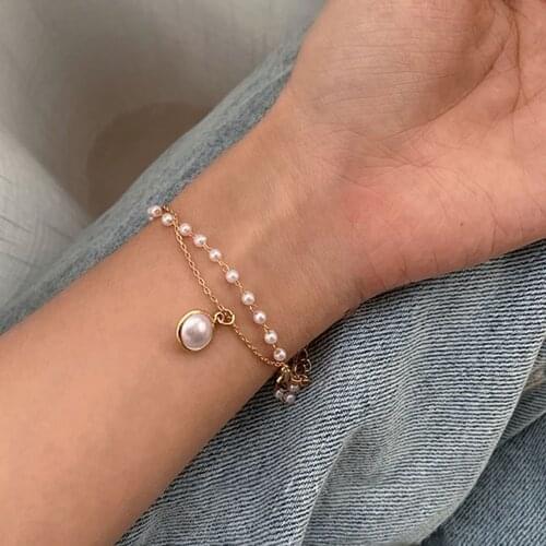 IPARAM Simple Sweet Layered Pearl Chain Bracelet Women Korean Imitation Pearl Pendant Charm Bracelet Fashion Trend Jewelry Gift