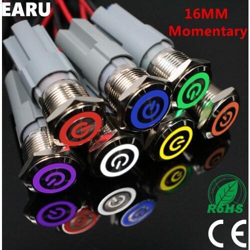 16mm Press Metal Push Button Switch Waterproof Momentary Reset LED Light Illuminated Car Engine PC Power 3V 5V 6V 12V 24V 220V