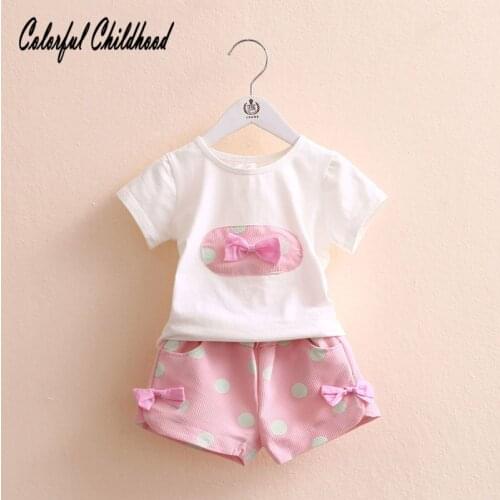 Cute bowknot baby girls clothing set summer kids shirt+shorts 2 Pcs Suit Casual Children Pullover Clothes 2-8Yrs