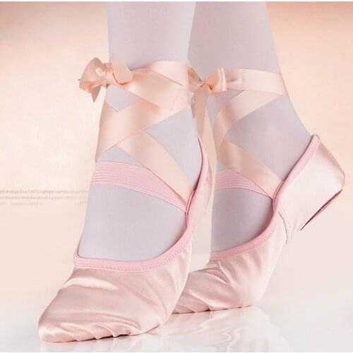 Satin Ballet with Ribbon Straps Round Toe Indoor Yoga Adult Girls Soft Split Sole Dance Ballerina Shoes