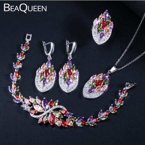 BeaQueen Luxury Sterling Silver 925 Cubic Zirconia Crystal Ring Earrings Bracelet Necklace Multicolored 4 Pcs Jewelry Sets JS143
