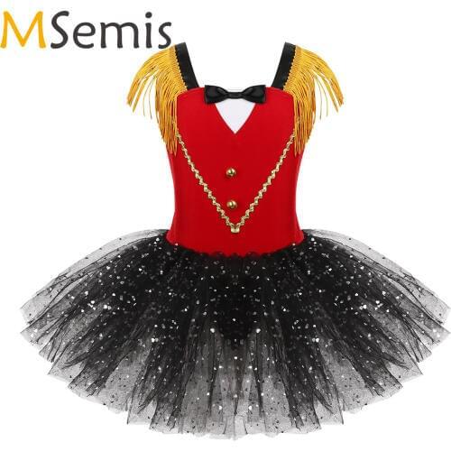 Kids Girls Halloween Circus Ringmaster Costume Dancewear Tassel Bowtie Sweetheart Sequins Tutu Gymnastics Leotard Dance Dress
