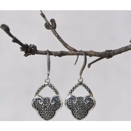 FNJ MARCASITE Earrings 925 Silver 100% Pure Original S925 Silver Sterling Drop Earring for Women Jewelry
