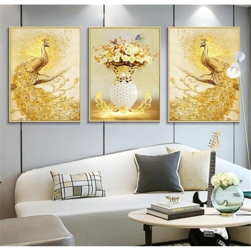Canvas Painting Golden Peacock Poster 3 Panels Nordic Animals Wall Print Wall Pictures for Living Room Decoration Maison