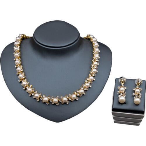 Simulated Pearl Single Row Jewelry Set Inlay CZ Rhinestone Shiny African Bridal Women Jewelry Gold Color Necklace Stud Earring