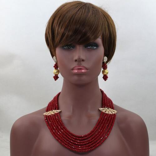 Red African Wedding Party Beads Jewelry Set Costume Nigerian Indian Bridal Statement Necklace Set 7 Rows Free Shipping ALJ569