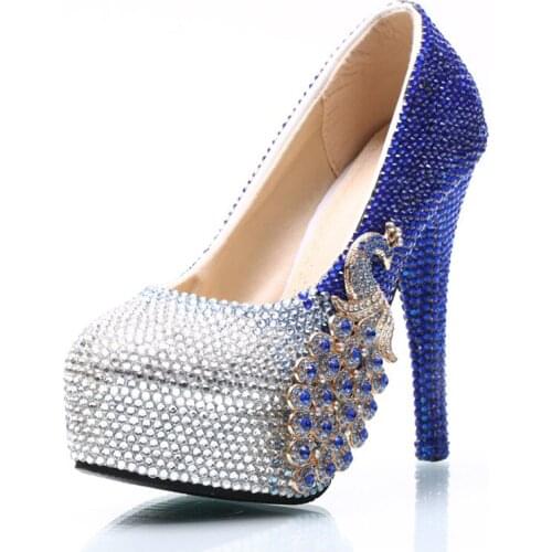 2021 New Blue Crystal Women Wedding Shoes Peacock Rhinestone Baolan Gradual Platform Party Dress Shoes 11cm High Heels Pumps