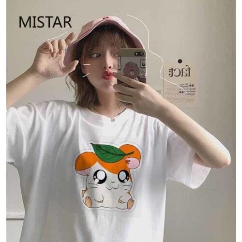 New Summer Cute Hamtaro Print Harajuku Cartoon T-shirt Fashion Short-sleeve Women Casual white tops graphic tees Women clothing